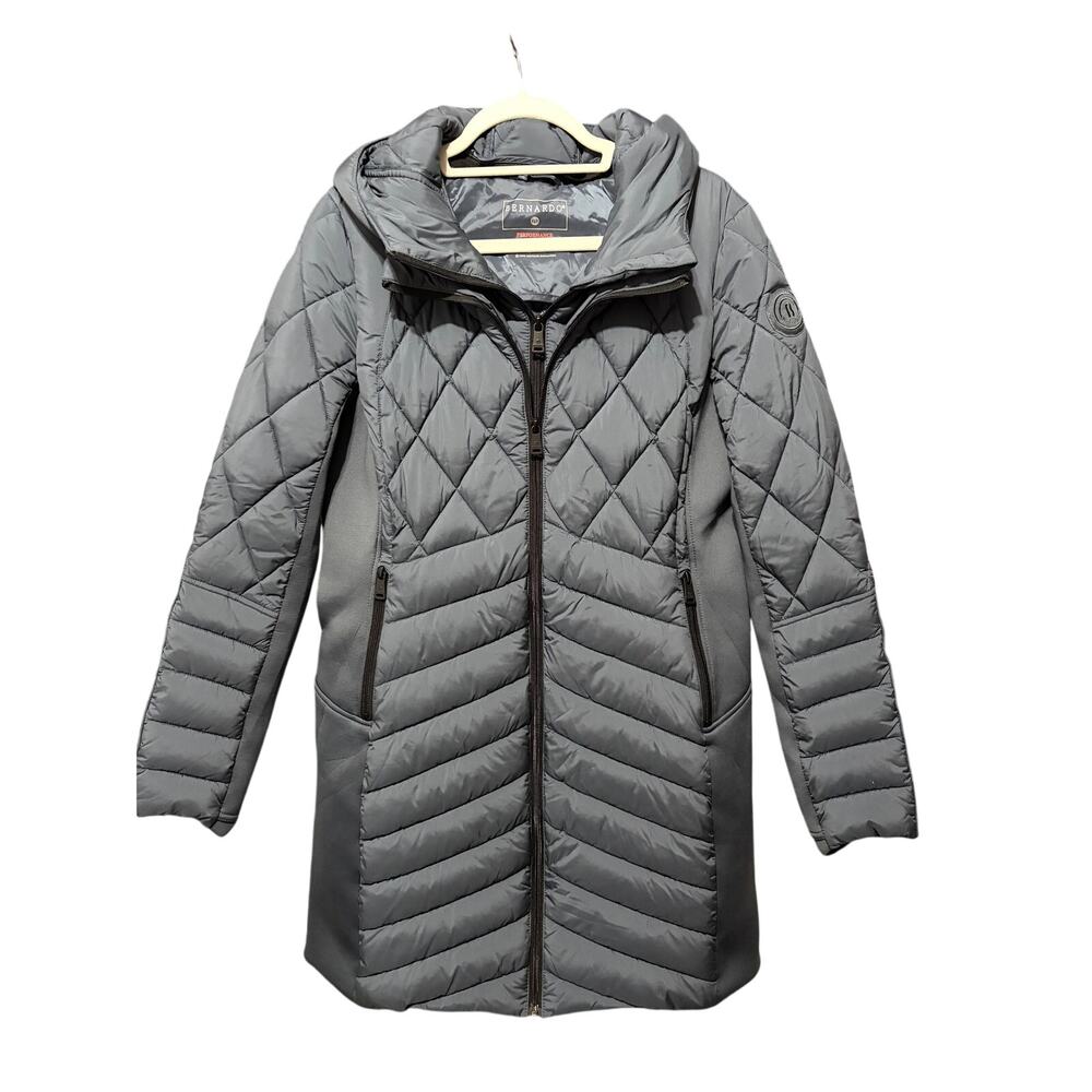 Bernardo EcoPlume Blue Quilted Hooded Long Puffer Coat Large Lightweight Winter